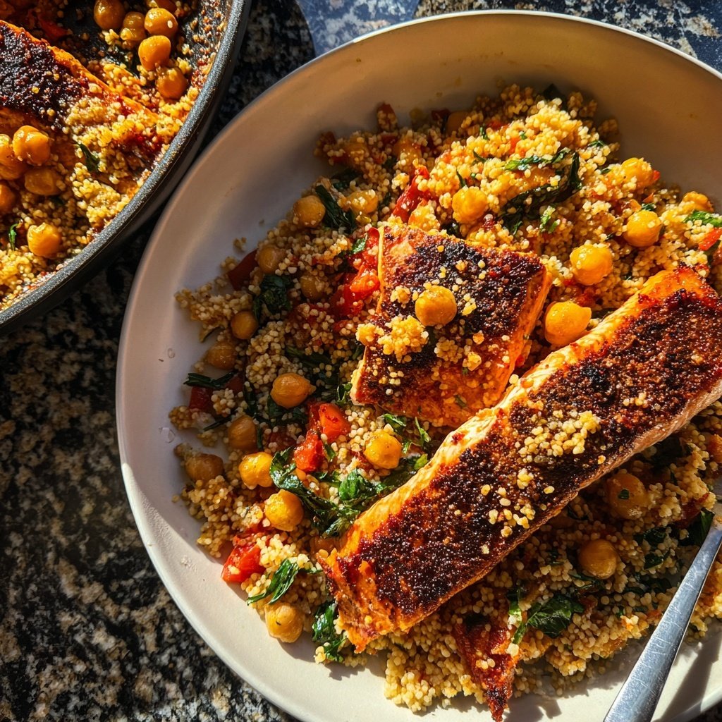 Harissa Roast Salmon Chickpea Couscous
